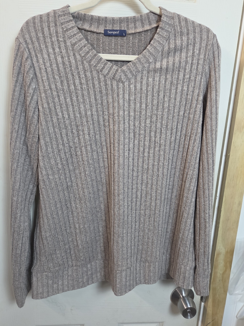 Ribbed V-Neck Sweater Women's in Light Taupe